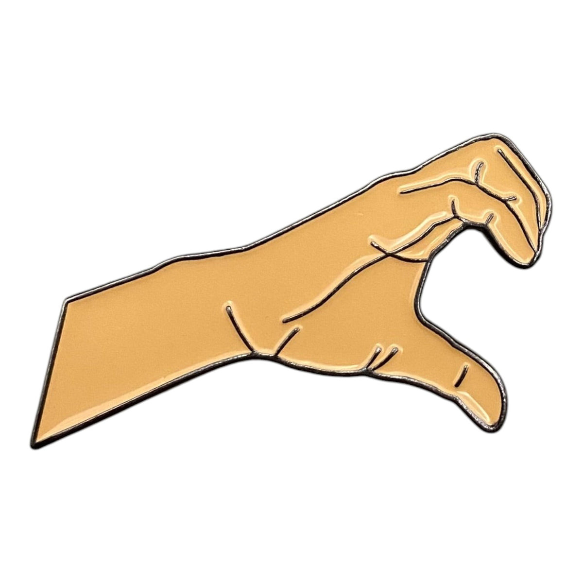 Pinkgul.no decorative metal sticker featuring a raised hand gesture design on a smooth grey surface.