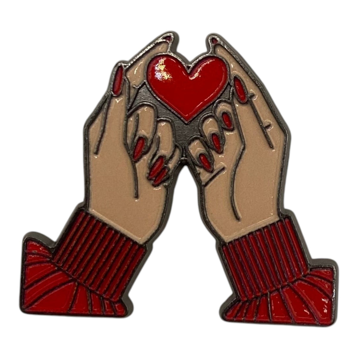 Pinkgul.no decorative metal sticker featuring two hands forming a heart shape with red nail polish and sleeves
