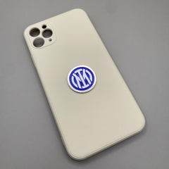 Pinkgul.no decorative metal sticker with Inter Milan logo on a beige smartphone case