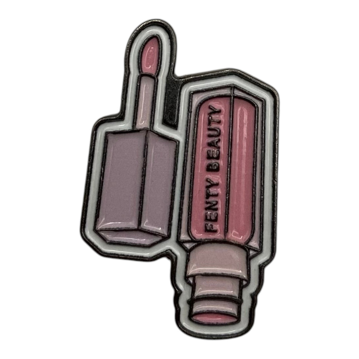 Pinkgul.no decorative metal sticker shaped like a Fenty Beauty lip gloss tube with a raised design and smooth finish.