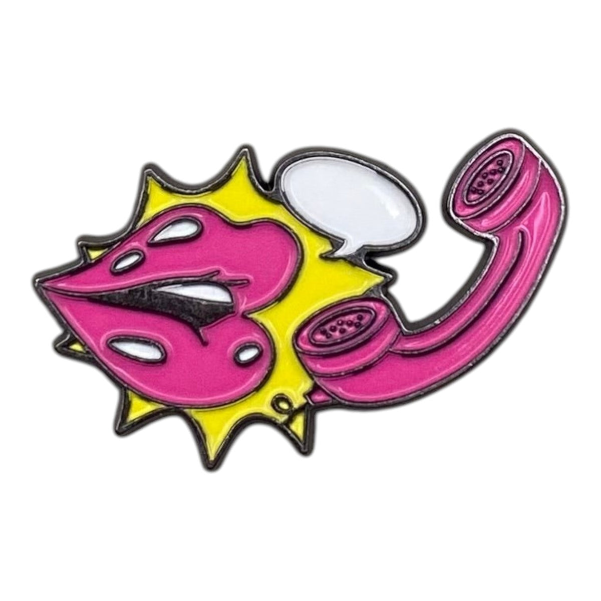 Pinkgul.no decorative metal sticker featuring a pop art design of pink lips and a telephone handset