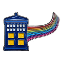 Pinkgul.no decorative metal sticker featuring a blue police box with a rainbow trail on a neutral background