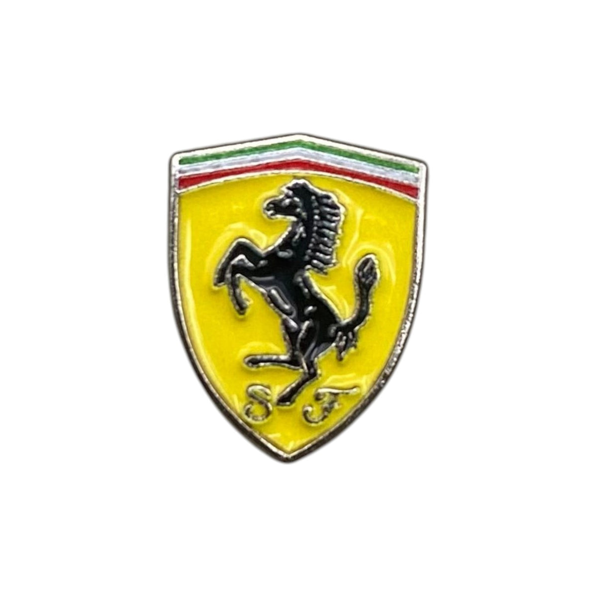 Pinkgul.no decorative metal sticker featuring a classic yellow shield emblem with a black prancing horse logo
