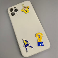 Pinkgul.no decorative metal stickers featuring a soccer player and jersey on a beige phone case