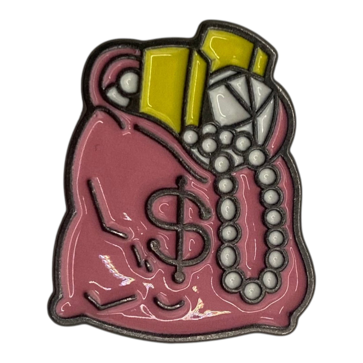 Pinkgul.no decorative metal sticker featuring a pink money bag design with gold bars, a diamond, and pearl necklace