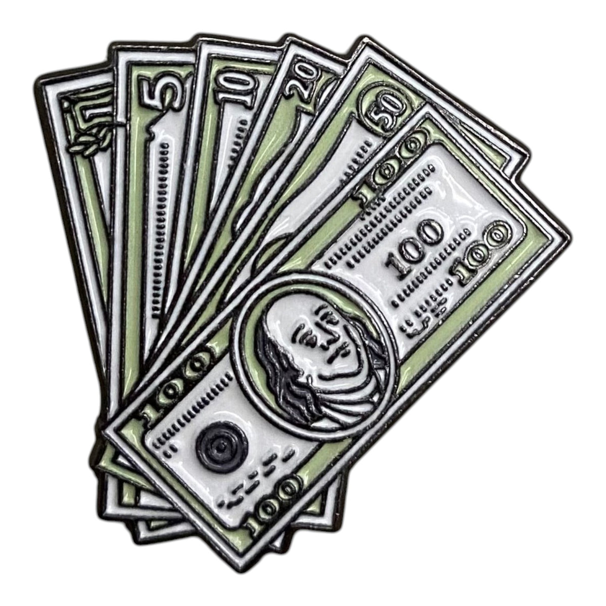 Pinkgul.no decorative metal sticker featuring a fan of US dollar banknotes with a raised, detailed design.