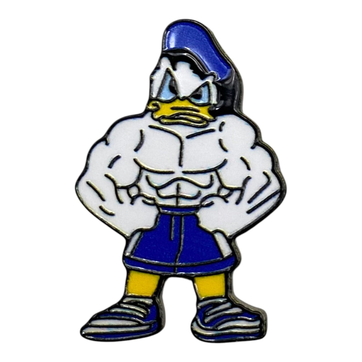 Pinkgul.no decorative metal sticker featuring a muscular Donald Duck character in blue shorts and a cap