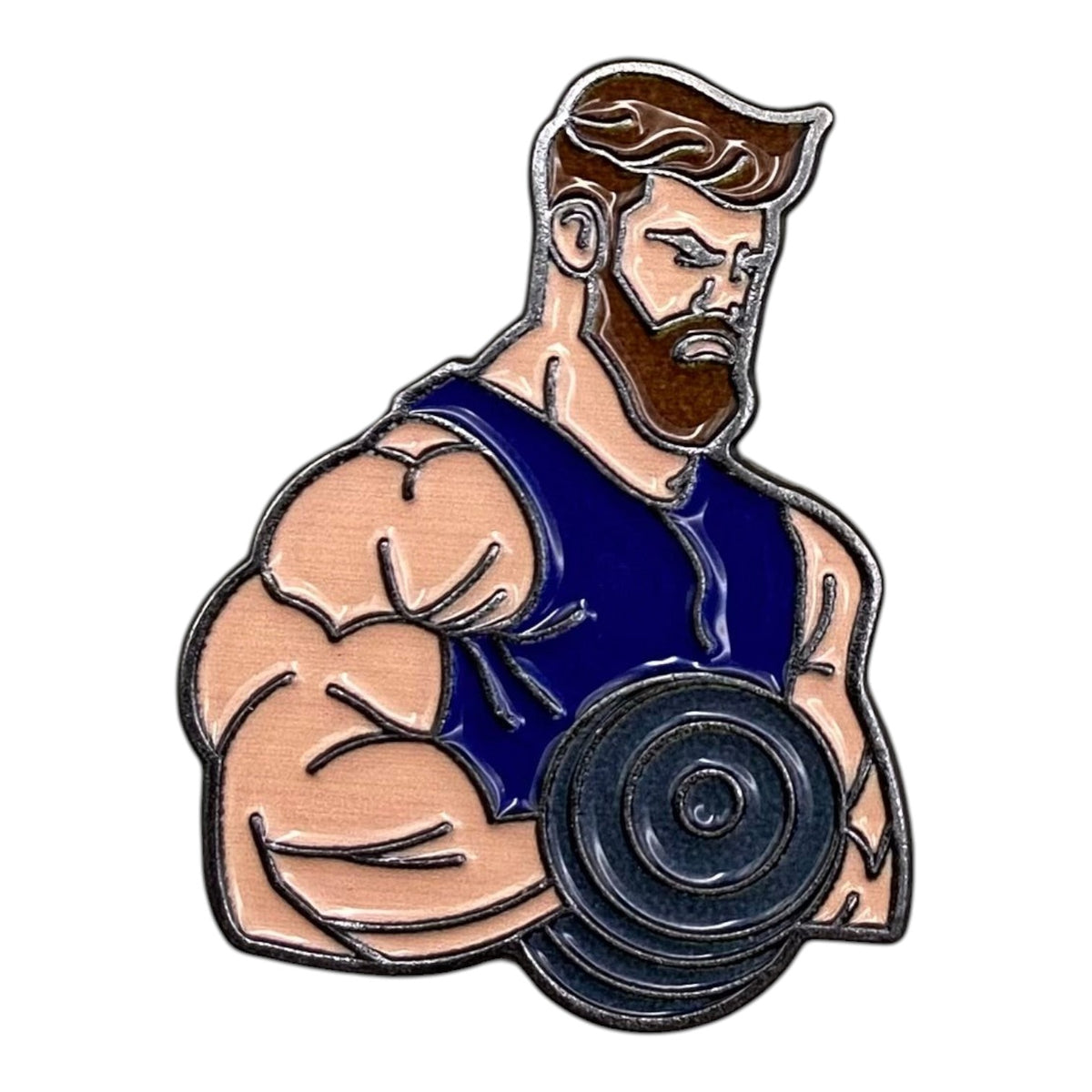 Pinkgul.no decorative metal sticker featuring a muscular man with a beard lifting a dumbbell in a blue tank top