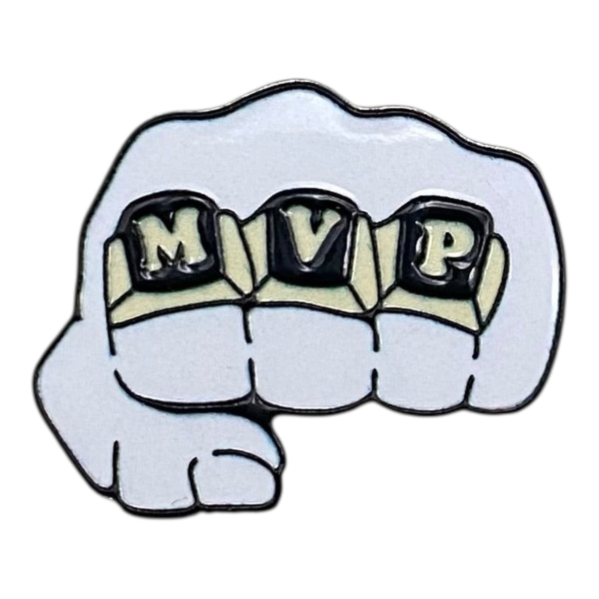 Pinkgul.no decorative metal sticker featuring a white fist design with MVP knuckle rings on a smooth surface