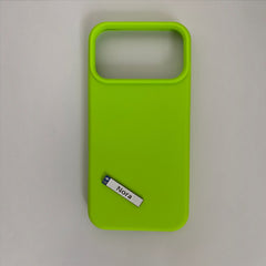 Pinkgul.no Nora decorative metal sticker applied to a bright lime green phone case