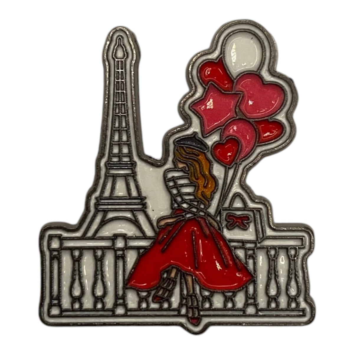 Pinkgul.no decorative metal sticker featuring a Parisian girl with balloons and the Eiffel Tower in red and white