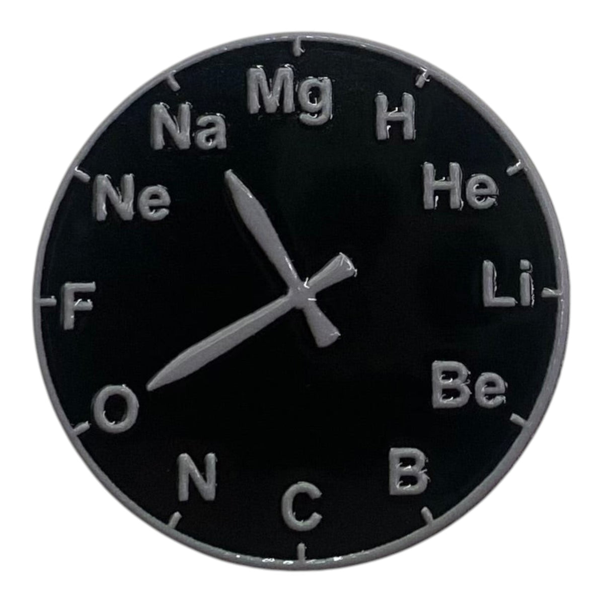 Pinkgul.no decorative metal sticker featuring a circular periodic table design with chemical elements and clock hands