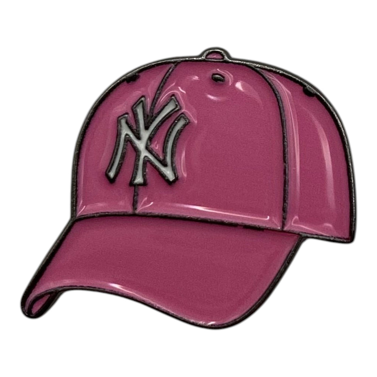 Pinkgul.no decorative metal sticker shaped like a pink baseball cap with a silver NY logo on a white background