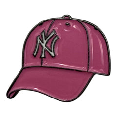 Pinkgul.no decorative metal sticker shaped like a pink baseball cap with a silver NY logo on a white background
