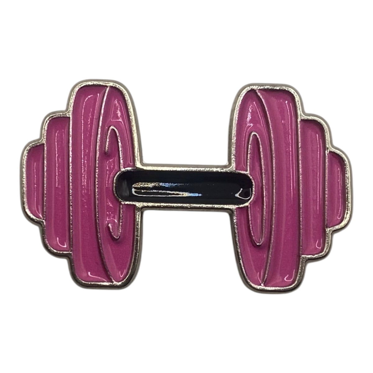 Pinkgul.no decorative metal sticker shaped like a pink dumbbell with a raised design for phones or electronics.