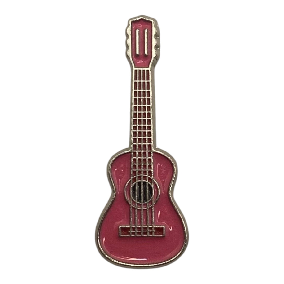 Pinkgul.no decorative metal sticker shaped like a pink acoustic guitar with a raised design and adhesive backing