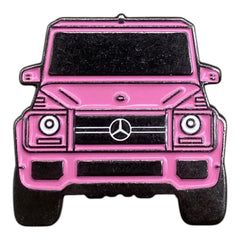 Pinkgul.no enamel pin featuring a pink G-Wagon SUV front view with black detailing and a metallic finish.