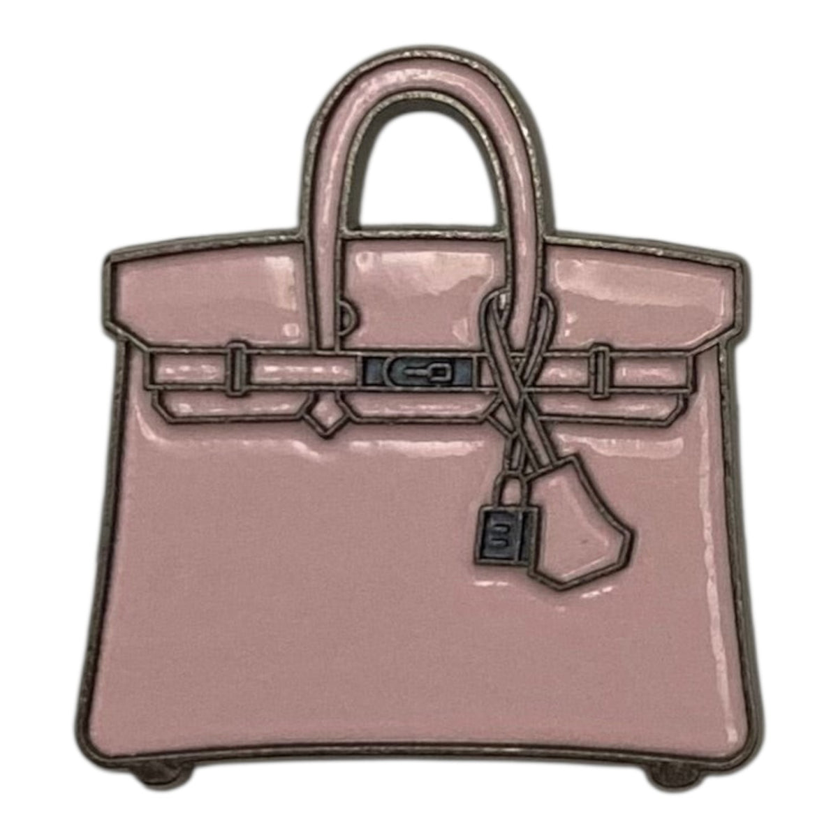 Pinkgul.no decorative metal sticker shaped like a small pink handbag with a raised design for mobile devices.