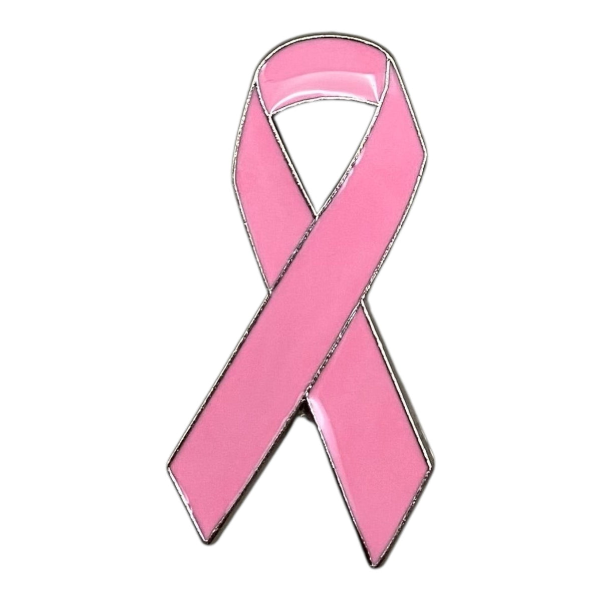 Pinkgul.no decorative metal sticker shaped like a pink awareness ribbon with a smooth, raised finish.