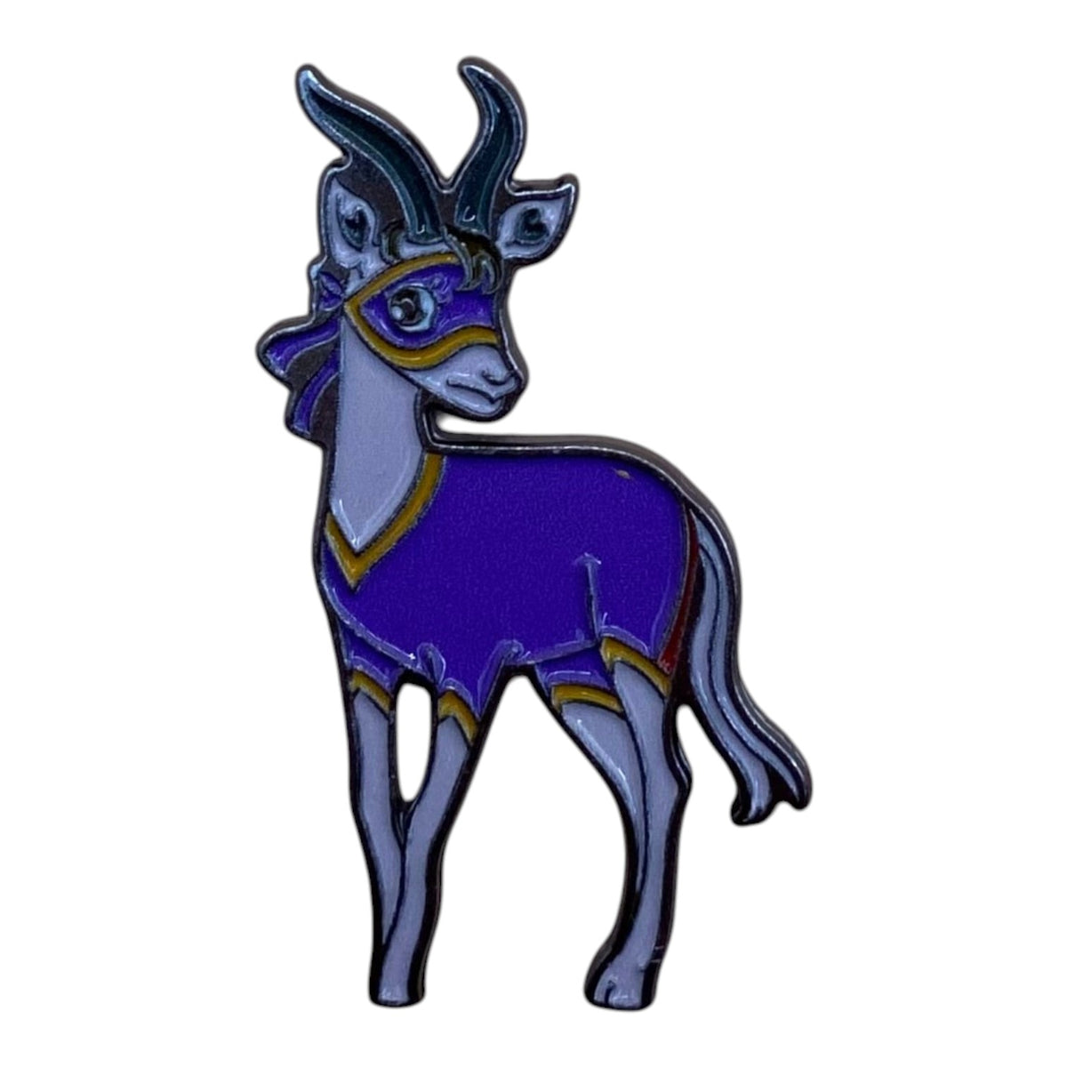 Pinkgul.no decorative metal sticker featuring a purple gazelle or antelope with a superhero mask design