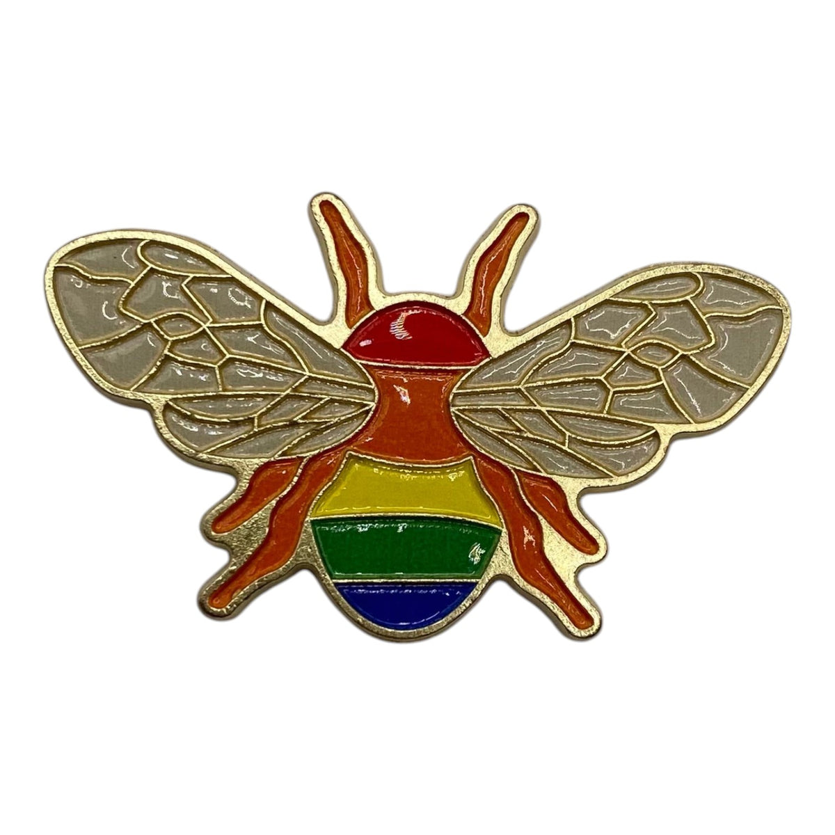 Pinkgul.no decorative metal bee sticker with a rainbow striped body and gold-toned wings on a white background