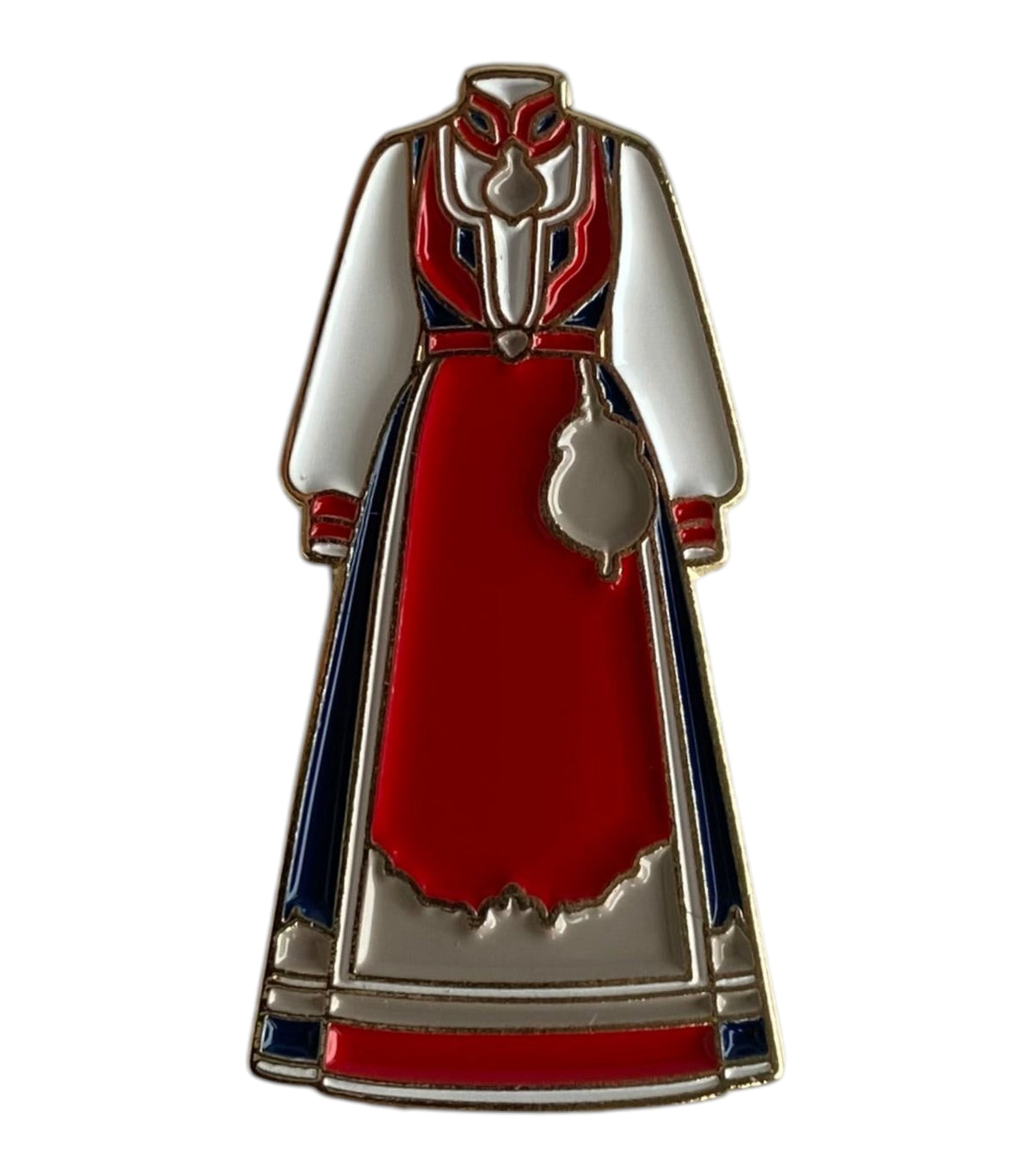 Pinkgul.no metal sticker featuring a detailed red and white Norwegian Bunad folk costume design.