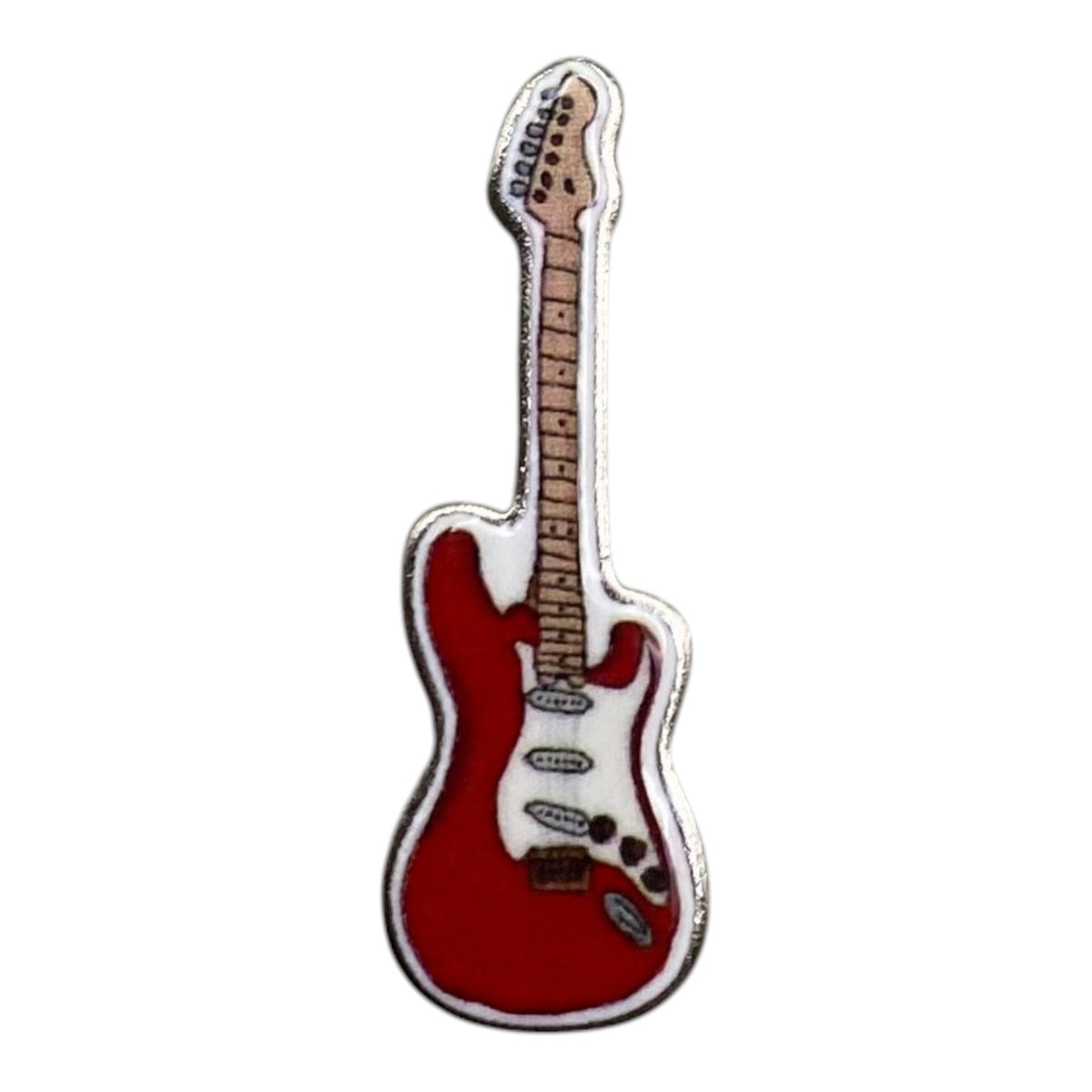 Pinkgul.no decorative metal sticker featuring a detailed red electric guitar design with a smooth finish.