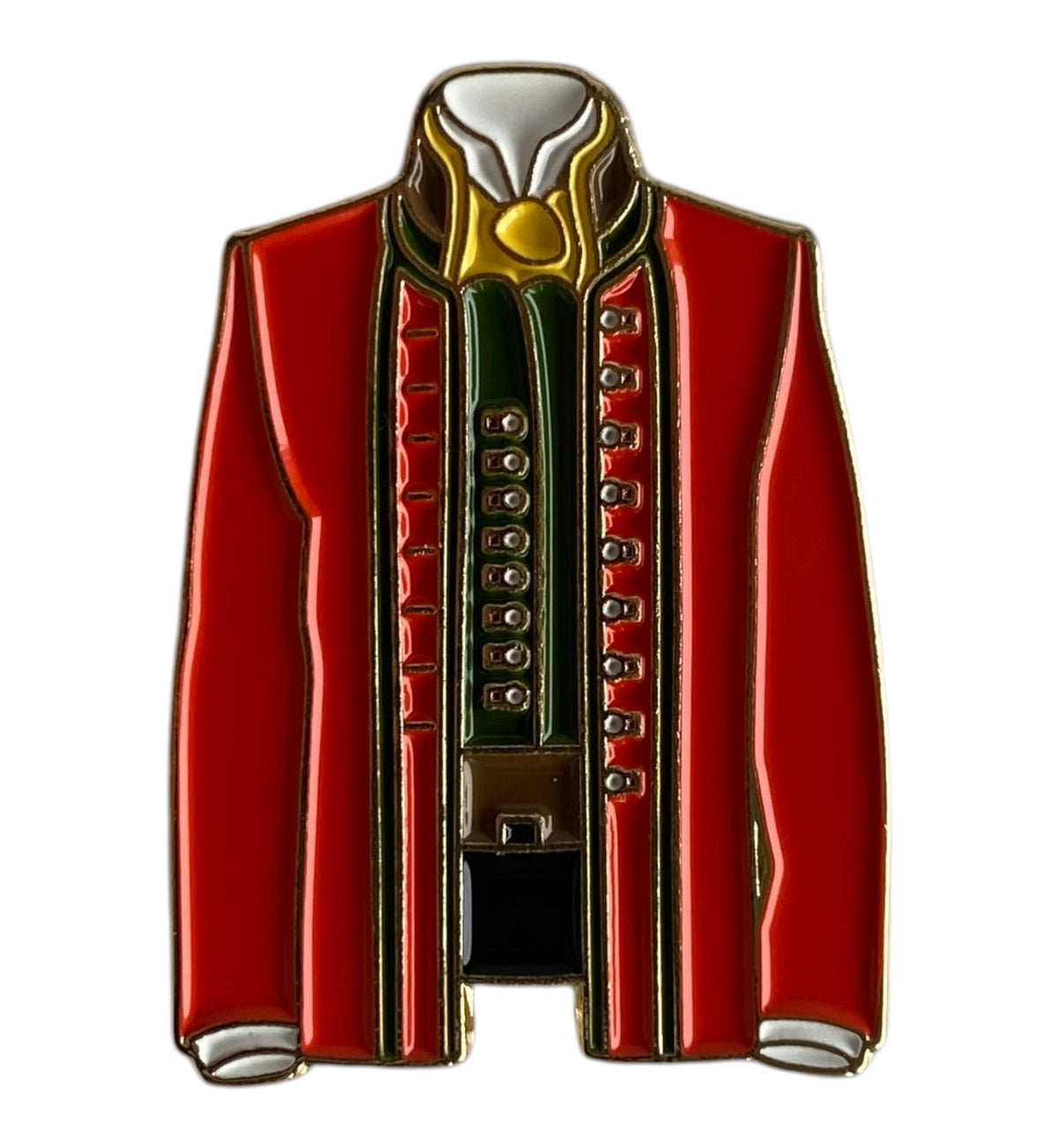 Pinkgul.no decorative metal sticker shaped like a red historical military-style jacket with gold and green details.