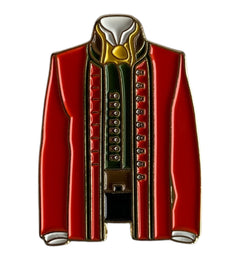 Pinkgul.no decorative metal sticker shaped like a red historical military-style jacket with gold and green details.