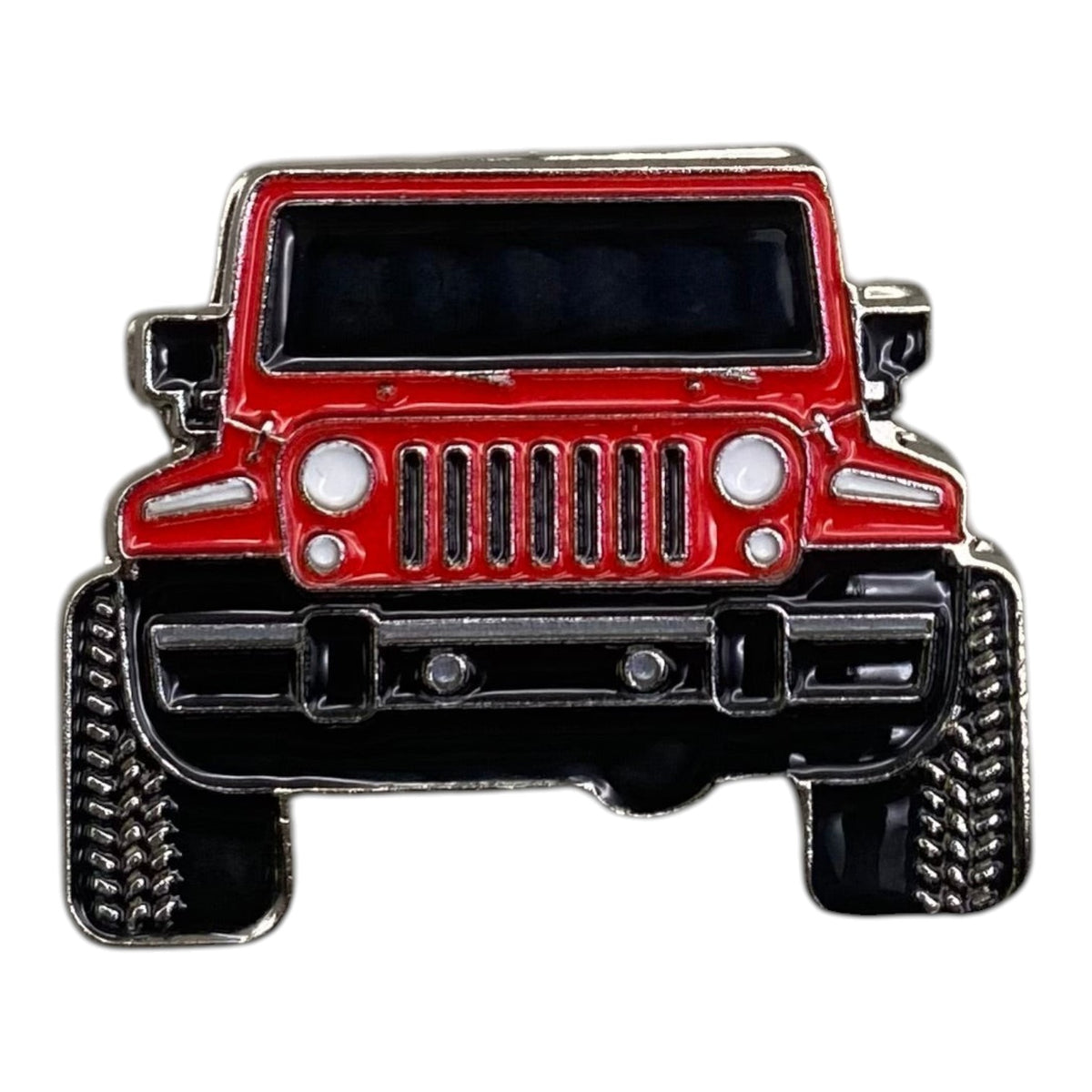 Pinkgul.no decorative metal sticker featuring a red off-road jeep front view with a raised, detailed design.