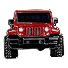Pinkgul.no decorative metal sticker featuring a red off-road jeep front view with a raised, detailed design.