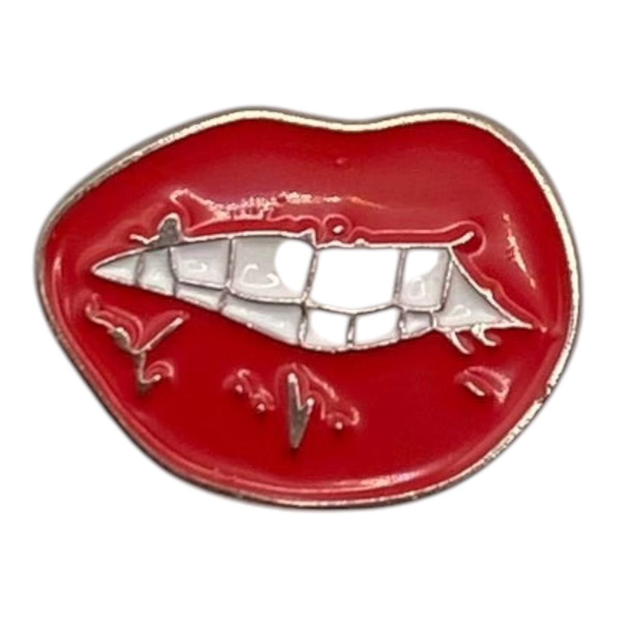 Pinkgul.no decorative metal sticker featuring a red lips and white teeth design with a smooth raised finish