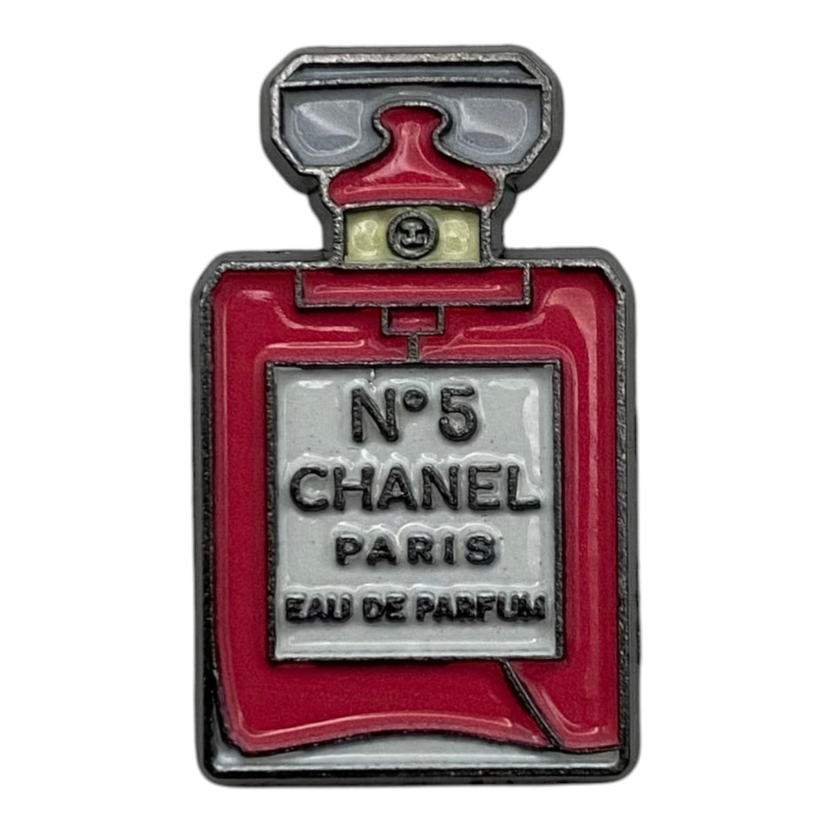 Pinkgul.no decorative metal sticker shaped like a red perfume bottle with raised details and strong adhesive backing