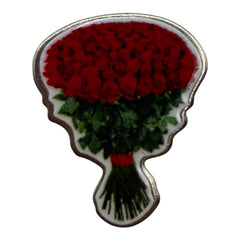 Pinkgul.no decorative metal sticker featuring a detailed bouquet of red roses with green leaves and a red ribbon.
