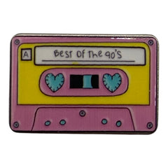 Pinkgul.no decorative metal sticker featuring a retro 90s cassette tape design with pink and yellow details.