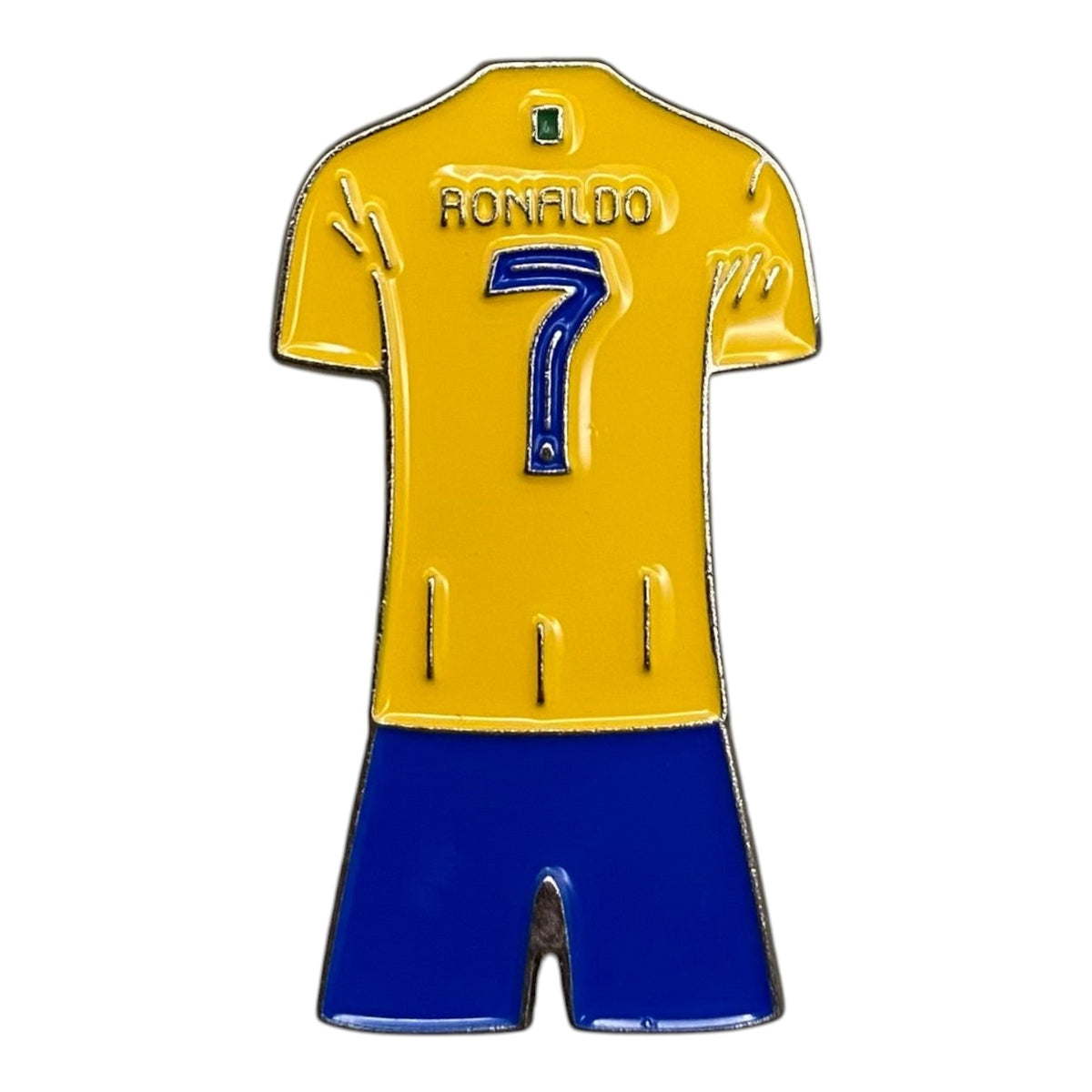 Pinkgul.no metal sticker featuring a yellow and blue Brazil Ronaldo number 7 football jersey design
