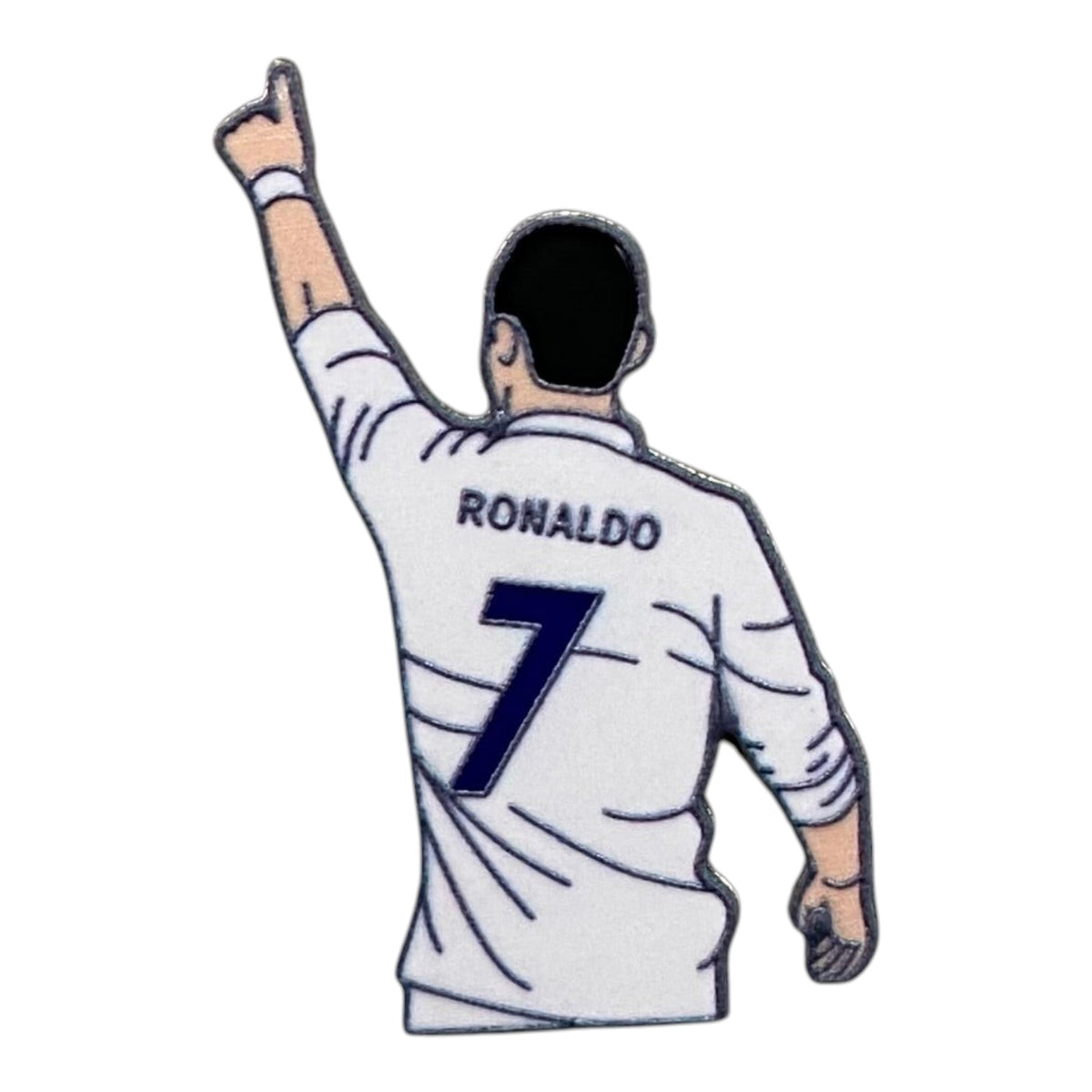 Pinkgul.no decorative metal sticker featuring Cristiano Ronaldo in a white jersey with number 7 pointing upwards