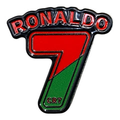 Pinkgul.no decorative metal sticker featuring the number 7, Ronaldo branding, and red and green colors.