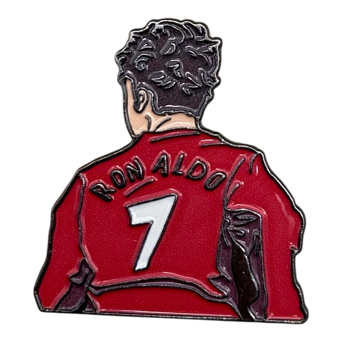 Pinkgul.no metal sticker featuring a raised design of Cristiano Ronaldo in a red number 7 jersey