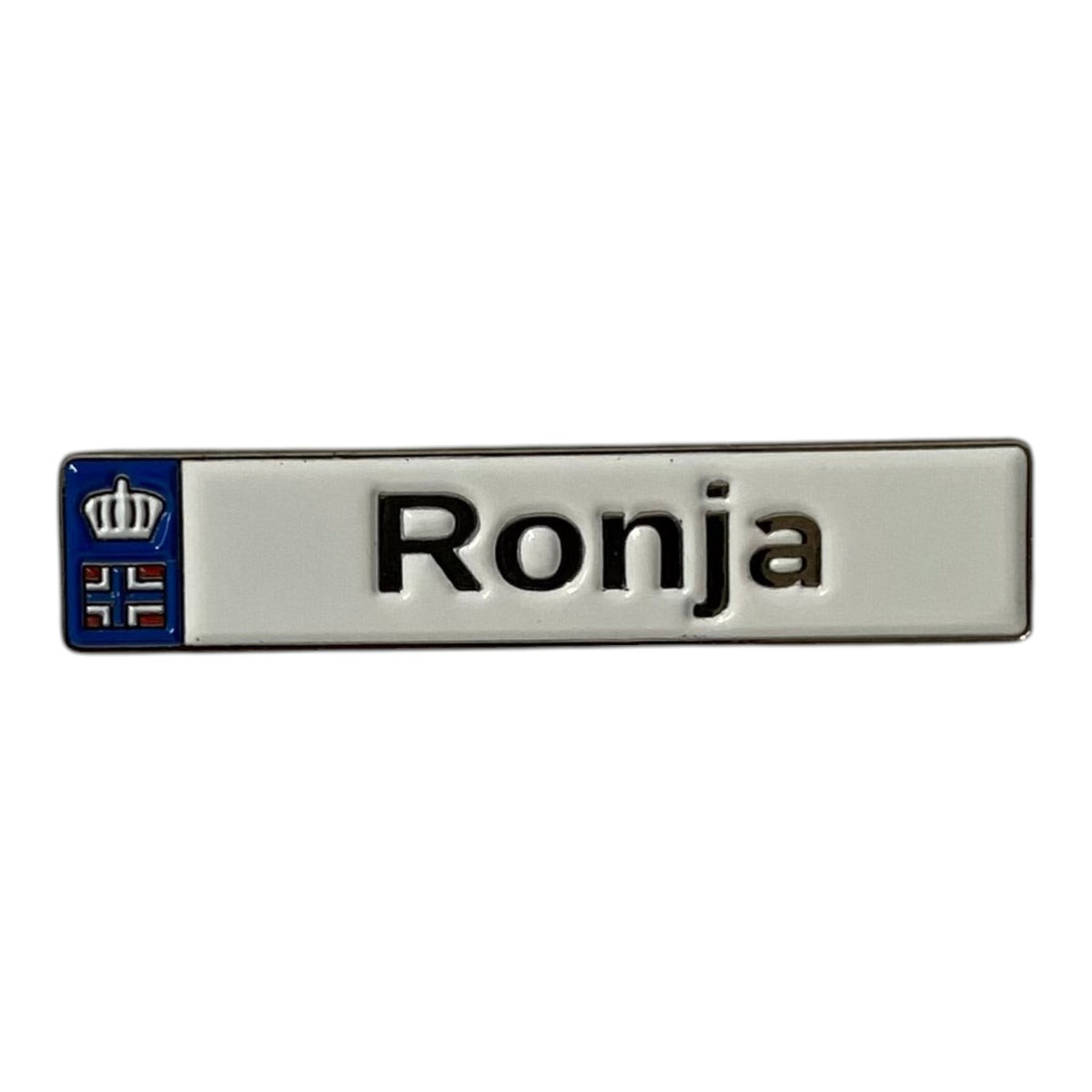 Pinkgul.no Ronja decorative metal sticker with a white background, black text, and a small Norwegian flag icon.