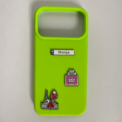 Pinkgul.no Ronja decorative metal stickers featuring a perfume bottle and Eiffel Tower on a neon green phone case