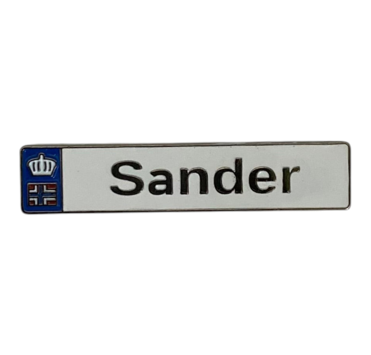 Pinkgul.no decorative metal sticker with the name Sander and a small crown logo on a white background