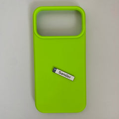 Pinkgul.no Snader decorative metal sticker with raised lettering applied to a bright lime green phone case