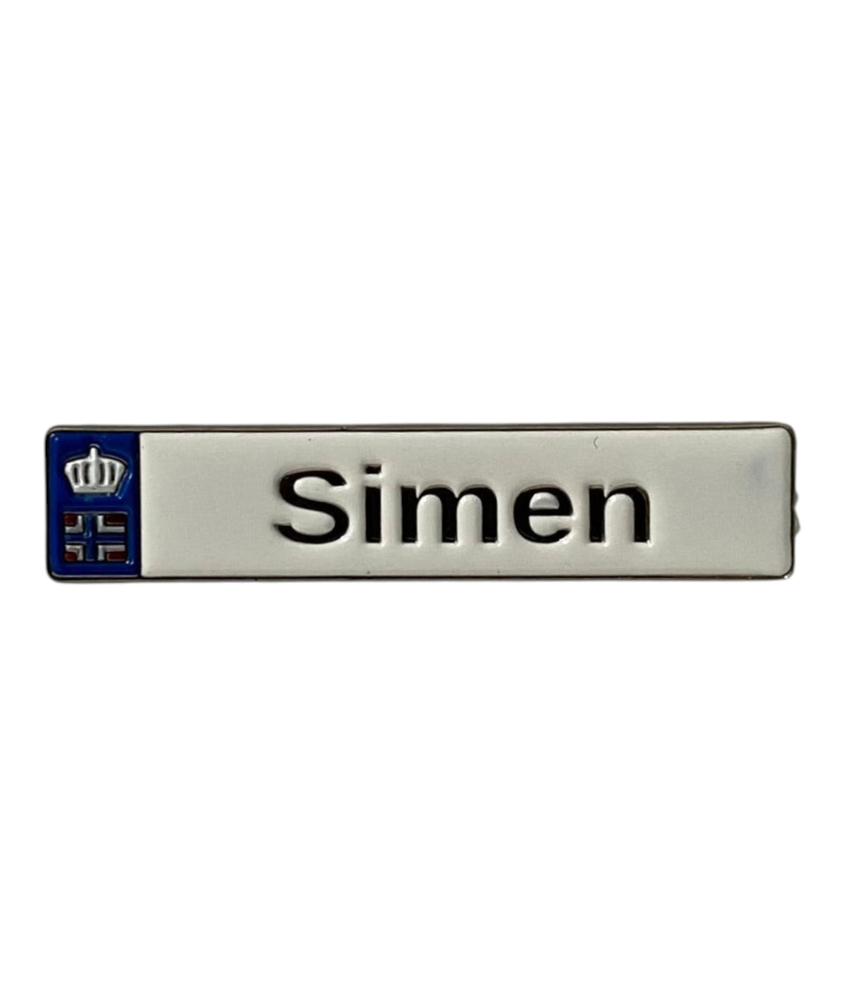 Pinkgul.no Simen decorative metal sticker with a raised name design and blue crown emblem on a white background