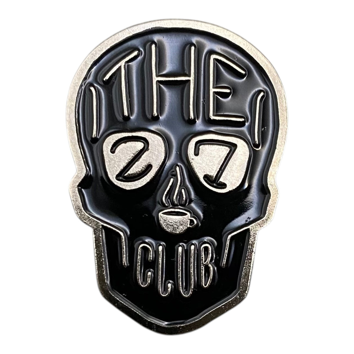 Pinkgul.no decorative metal sticker featuring a black skull design with The 27 Club text and a coffee cup icon.