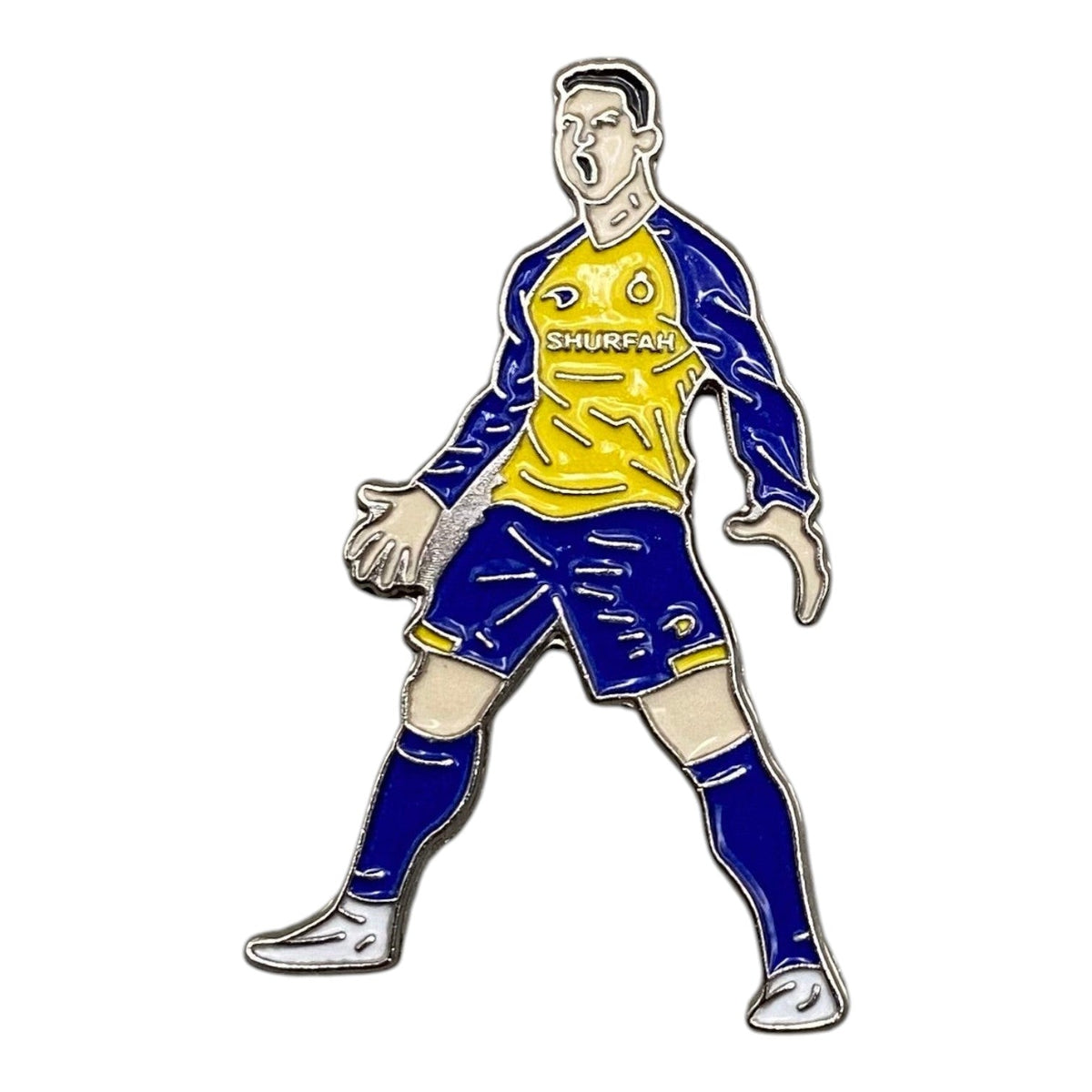 Pinkgul.no decorative metal sticker featuring a soccer player in a yellow and blue kit with a raised design