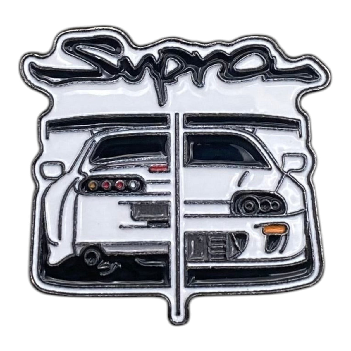 Pinkgul.no decorative metal sticker featuring a detailed Toyota Supra car design with raised black and white lines.