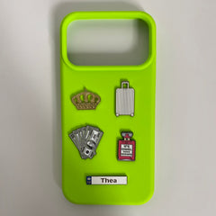 Pinkgul.no Thea neon green phone case decorated with gold crown, suitcase, money, and perfume bottle metal stickers.