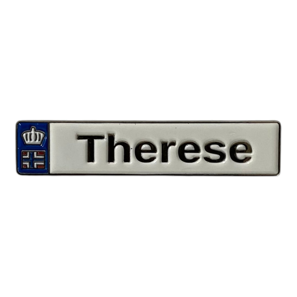 Pinkgul.no Therese decorative metal sticker with a small crown icon and blue accent on a white background.