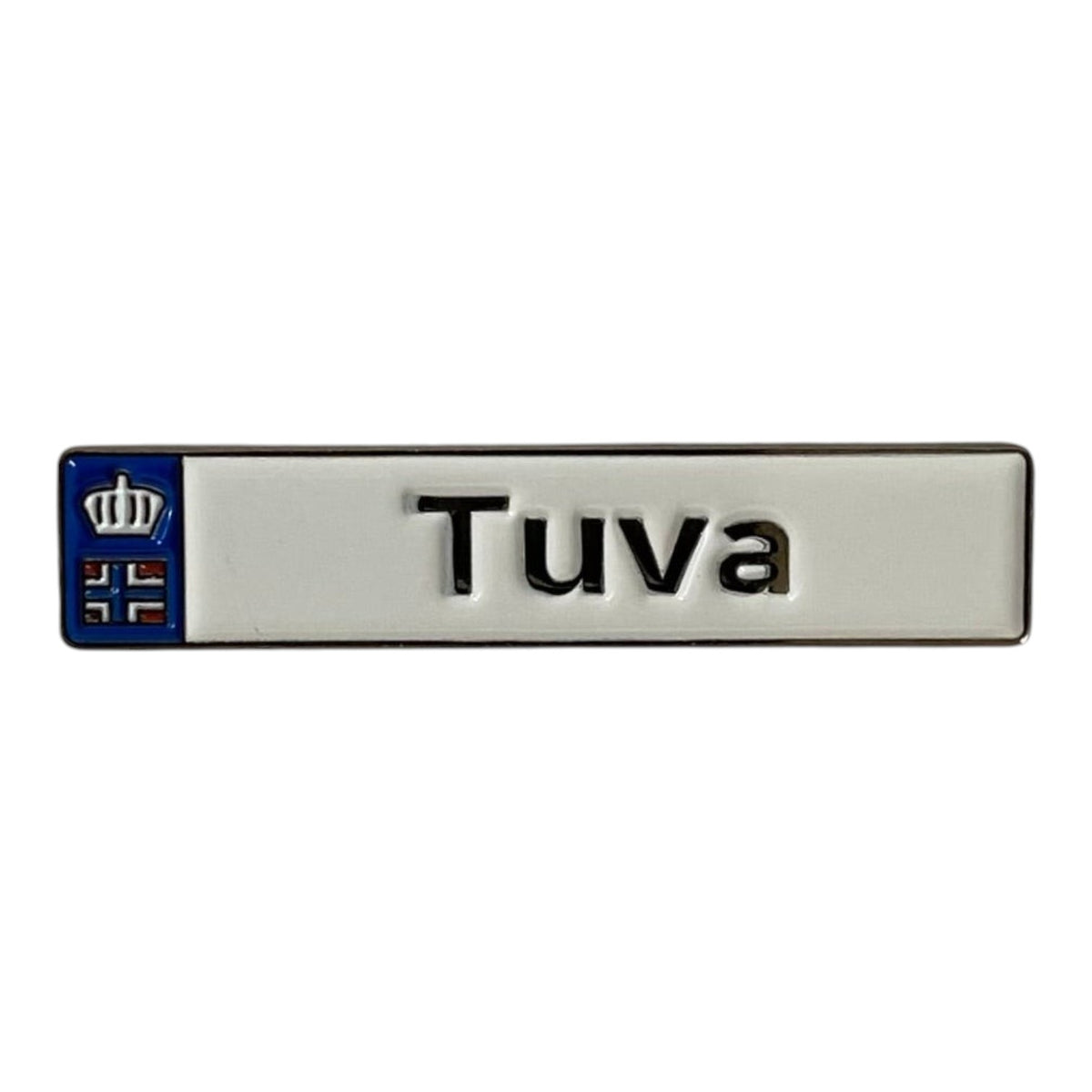 Pinkgul.no Tuva decorative metal sticker with a white background, black text, and a small crown and flag icon.